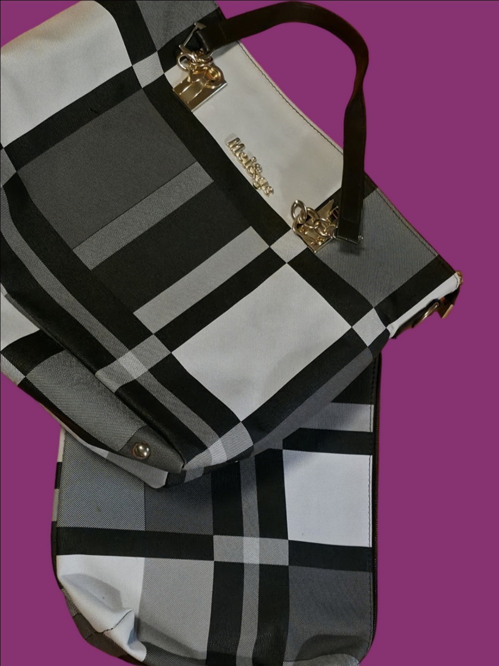 4/$67 Deal! Black & White Plaid Tote Bag Set